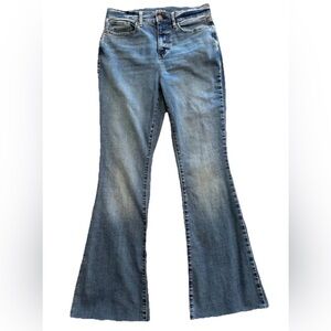 Ana High Rise Flare Jeans Size 8 Med Wash Cotton Blend 70s Boho Stretch Raw Hem